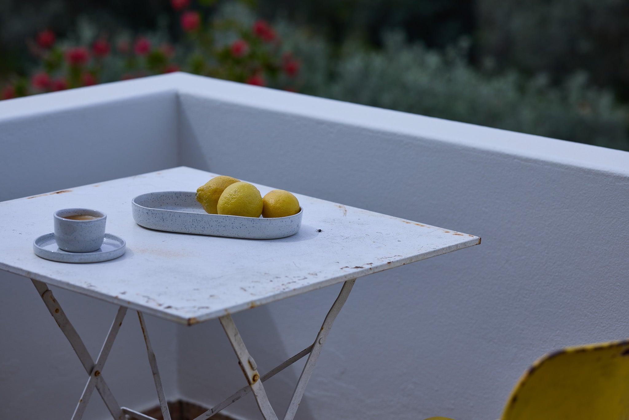 Weißer, leicht verwitterter Klapptisch auf einer Terrasse mit drei Zitronen auf einem hellgrauen Keramiktablett sowie einer kleinen Espressotasse mit Untertasse. Im Hintergrund eine weiße Brüstung und verschwommen rote Blüten.